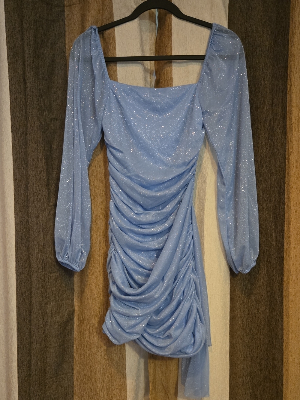 Jump Sparkle Ruched Long-Sleeve Mini Dress in Light Blue